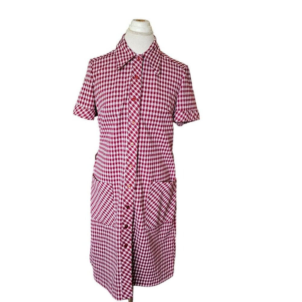 Vintage 70s Womens Shirt Dress Size 10 Gingham Plaid Button Down Casual‎ Red - Picture 2 of 10